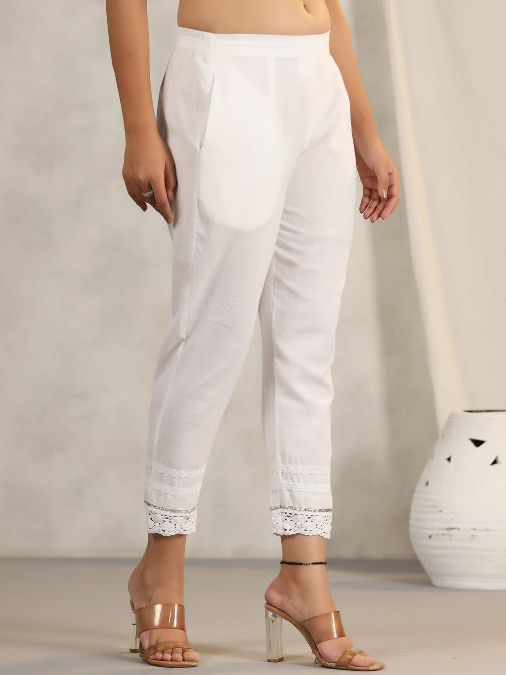 Juniper Women's Off White Soild Cotton Flex Pants With Lace Work