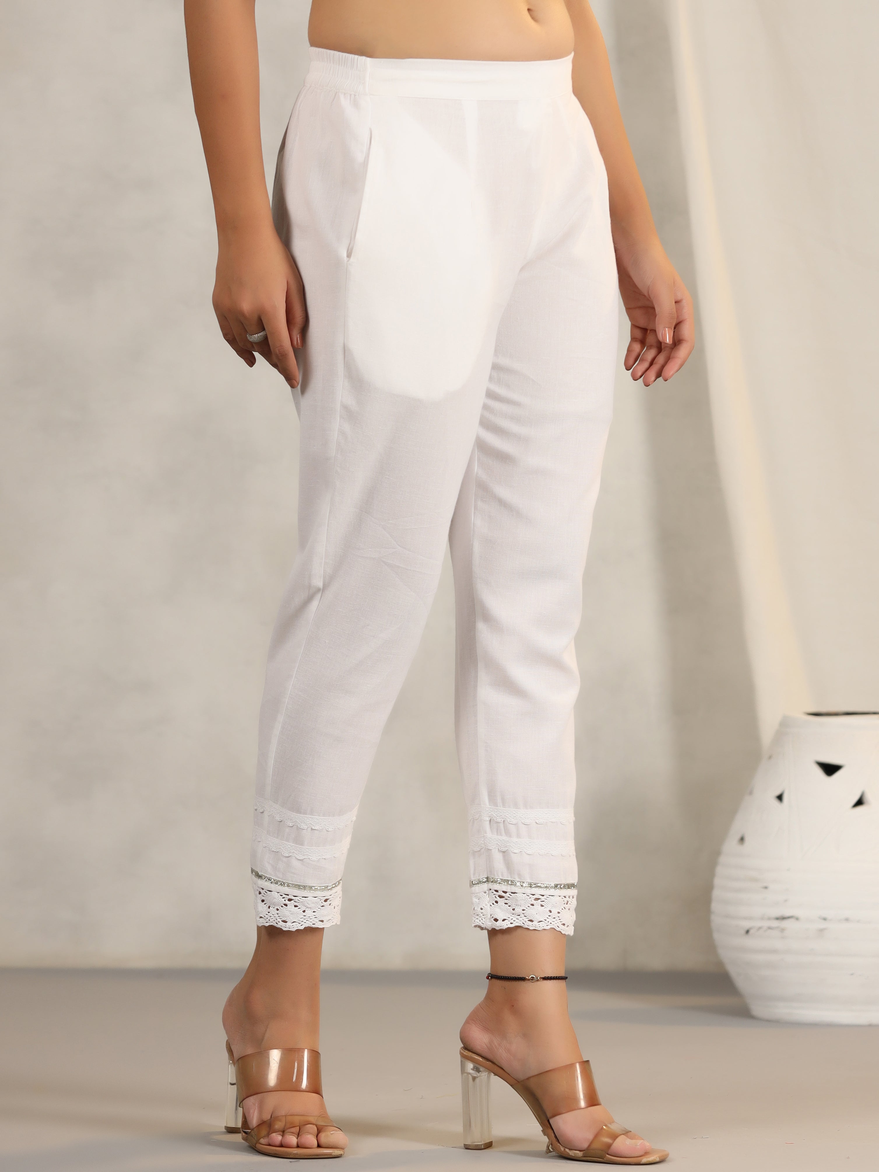 Juniper Women's Off White Soild Cotton Flex Pants With Lace Work