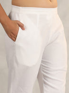 Juniper Women's Off White Soild Cotton Flex Pants With Lace Work