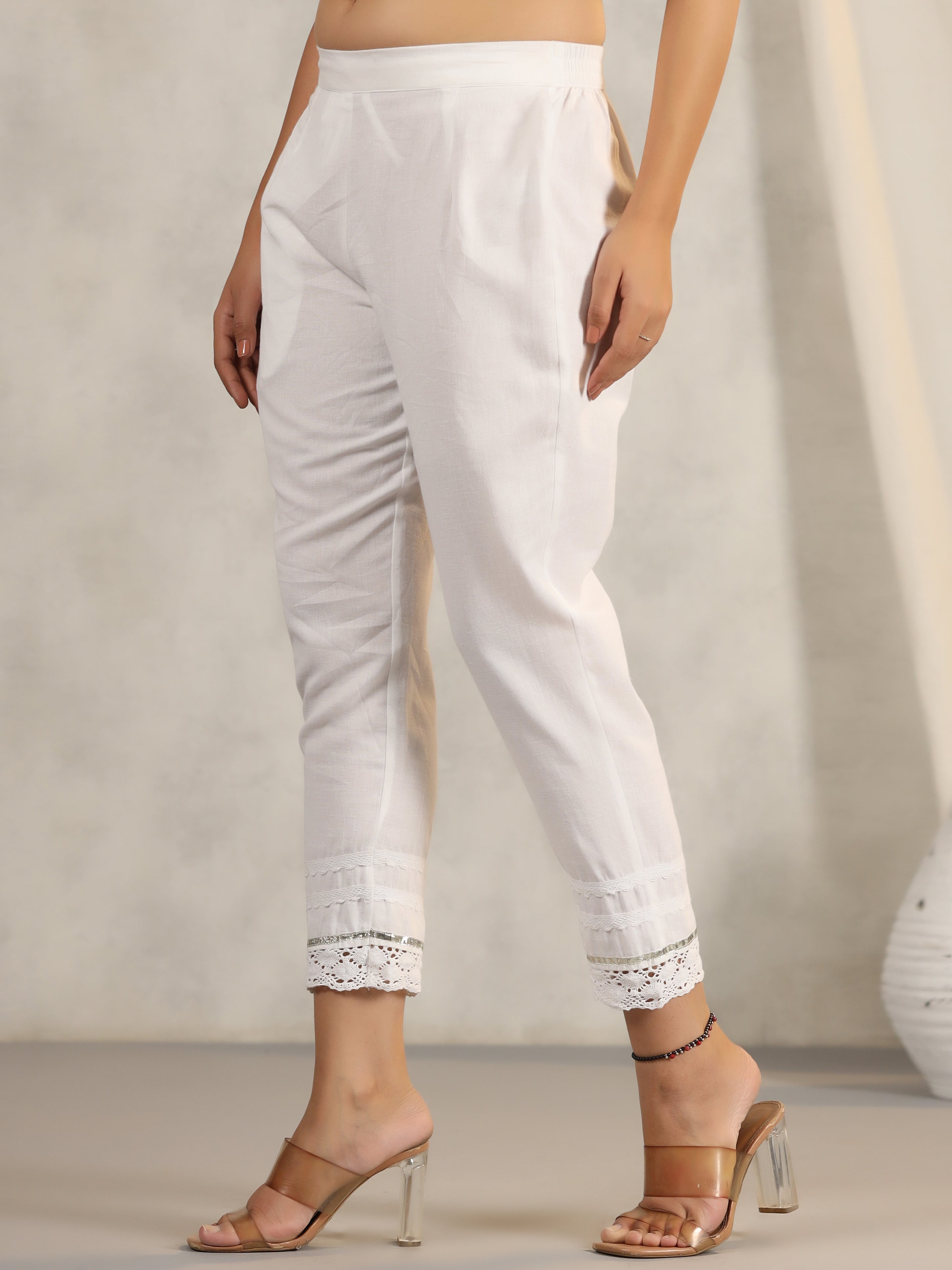 Juniper Women's Off White Soild Cotton Flex Pants With Lace Work