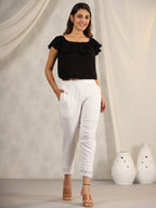 Juniper Women's White Soild Cotton Flex Pants With Lace Work