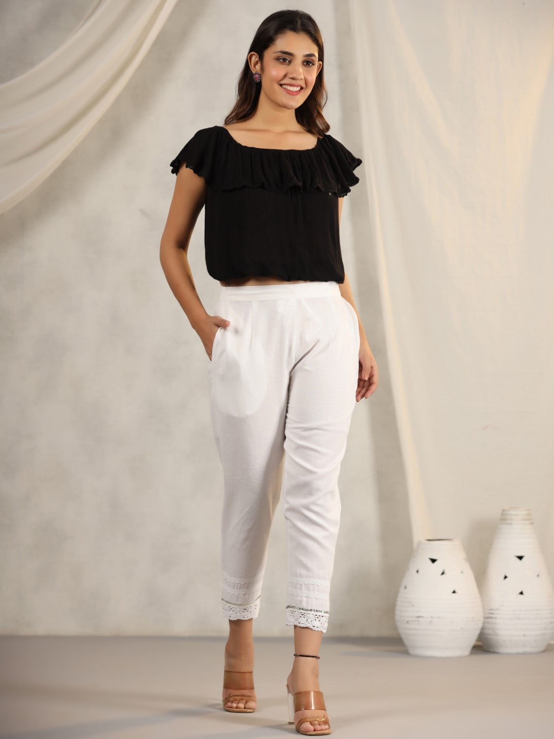 Juniper Women's White Soild Cotton Flex Pants With Lace Work