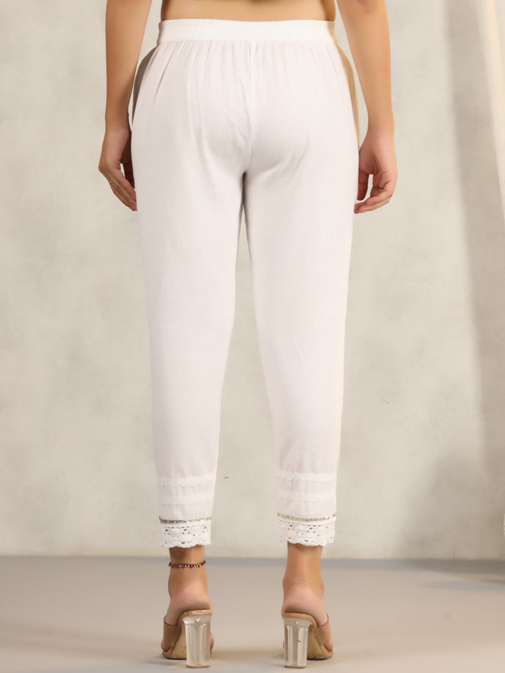 Juniper Women's White Soild Cotton Flex Pants With Lace Work