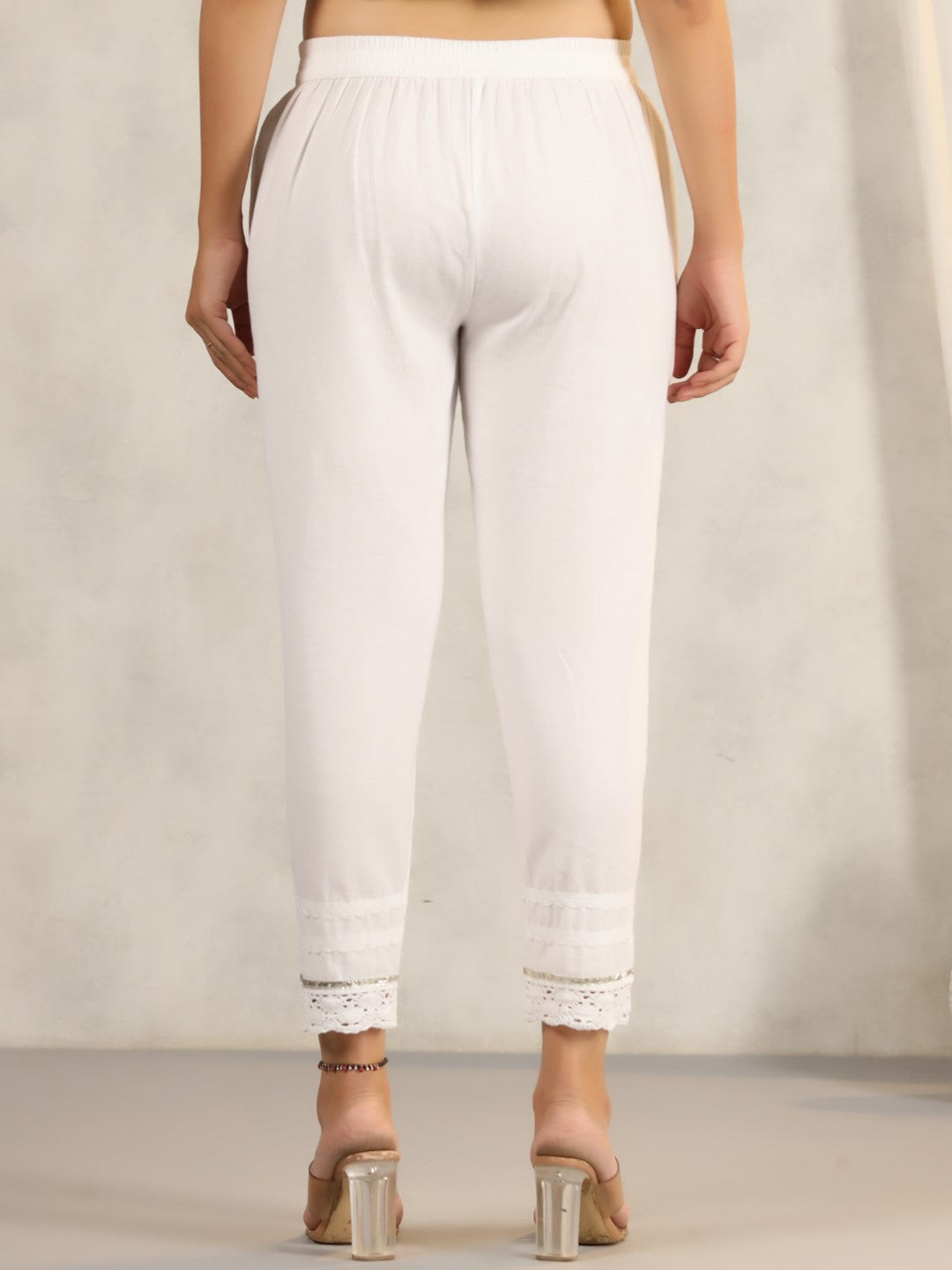 Juniper Women's White Soild Cotton Flex Pants With Lace Work