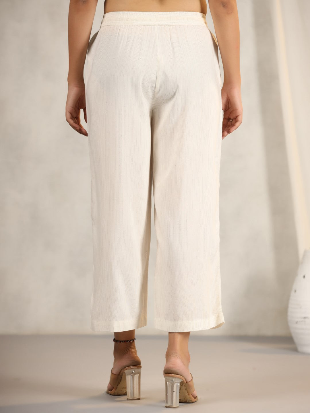 Juniper Women's Ivory Stripped Modal Rayon Women Pants With Single Side Pockets & Drawstring