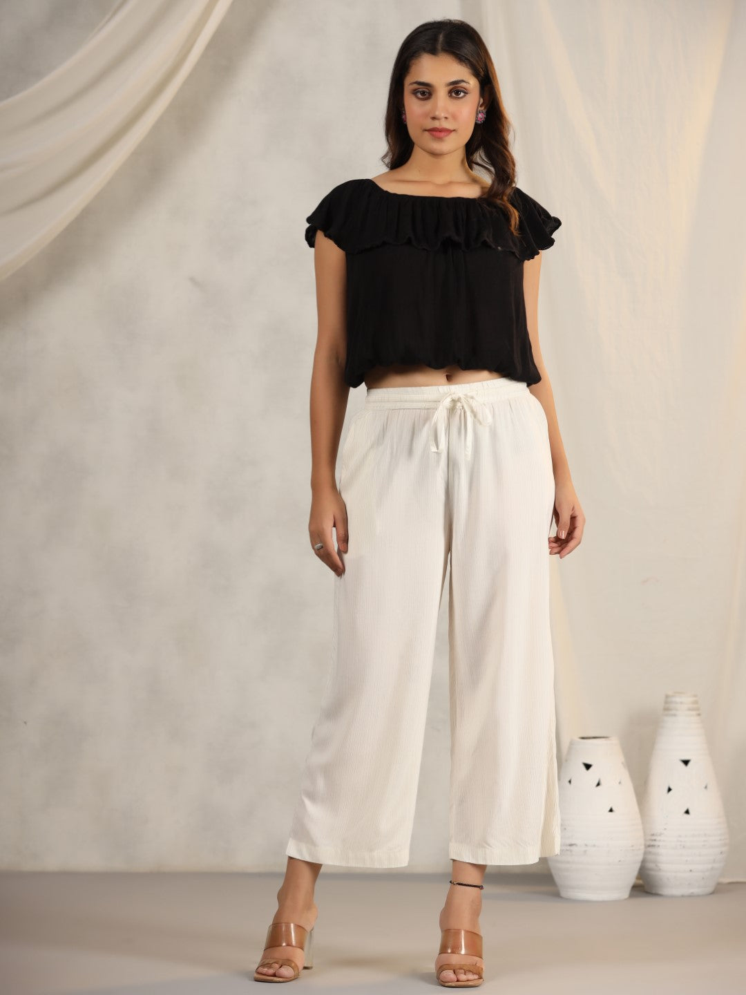 Juniper Women's Ivory Stripped Modal Rayon Women Pants With Single Side Pockets & Drawstring