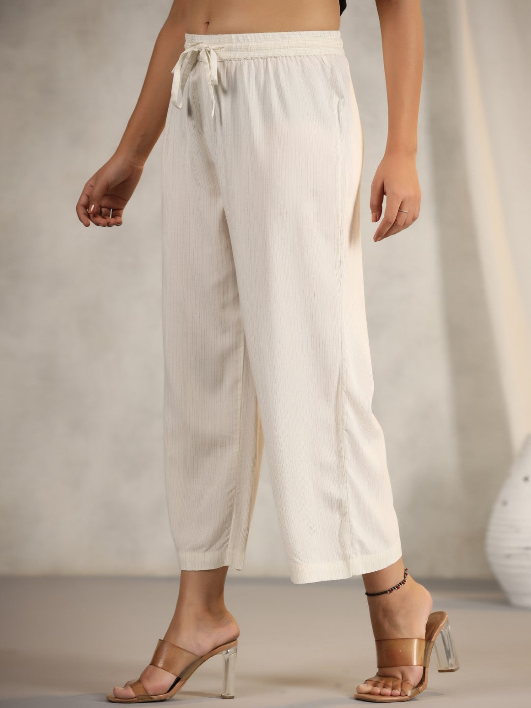 Juniper Women's Ivory Stripped Modal Rayon Women Pants With Single Side Pockets & Drawstring