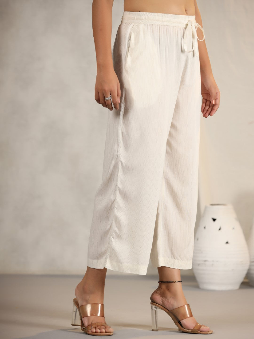 Juniper Women's Ivory Stripped Modal Rayon Women Pants With Single Side Pockets & Drawstring