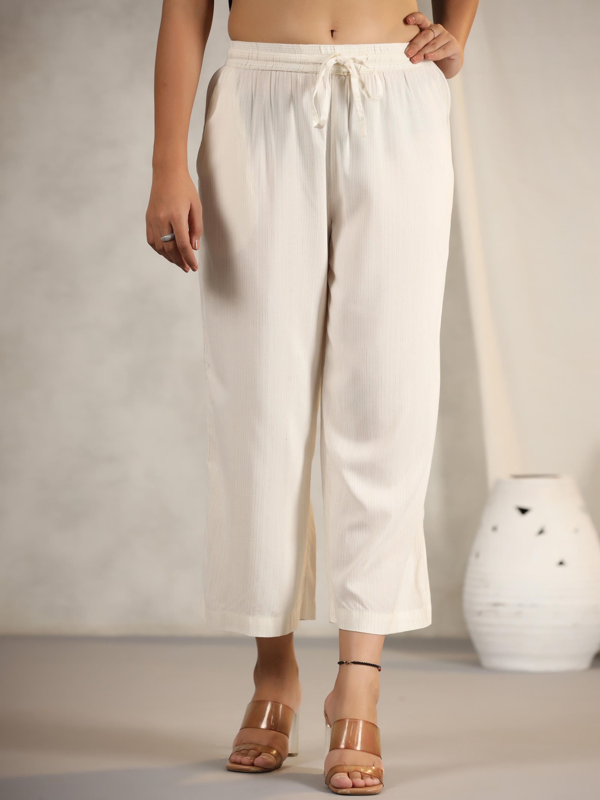 Juniper Women's Ivory Stripped Modal Rayon Women Pants With Single Side Pockets & Drawstring