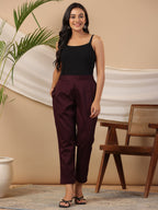 Juniper Plum Cotton Lycra Solid Slim Fit Pants with Partially Elasticated Waistband and a Side Pocket