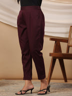 Juniper Plum Cotton Lycra Solid Slim Fit Pants with Partially Elasticated Waistband and a Side Pocket