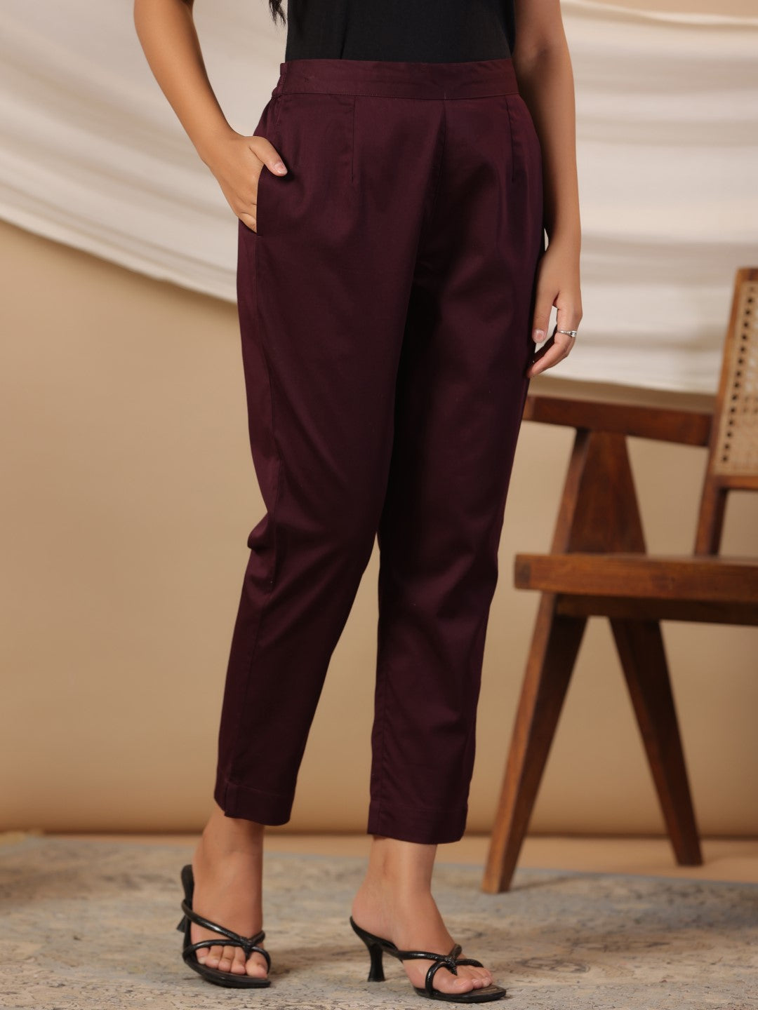 Juniper Plum Cotton Lycra Solid Slim Fit Pants with Partially Elasticated Waistband and a Side Pocket