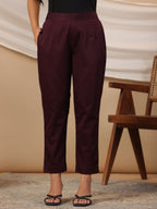 Juniper Plum Cotton Lycra Solid Slim Fit Pants with Partially Elasticated Waistband and a Side Pocket