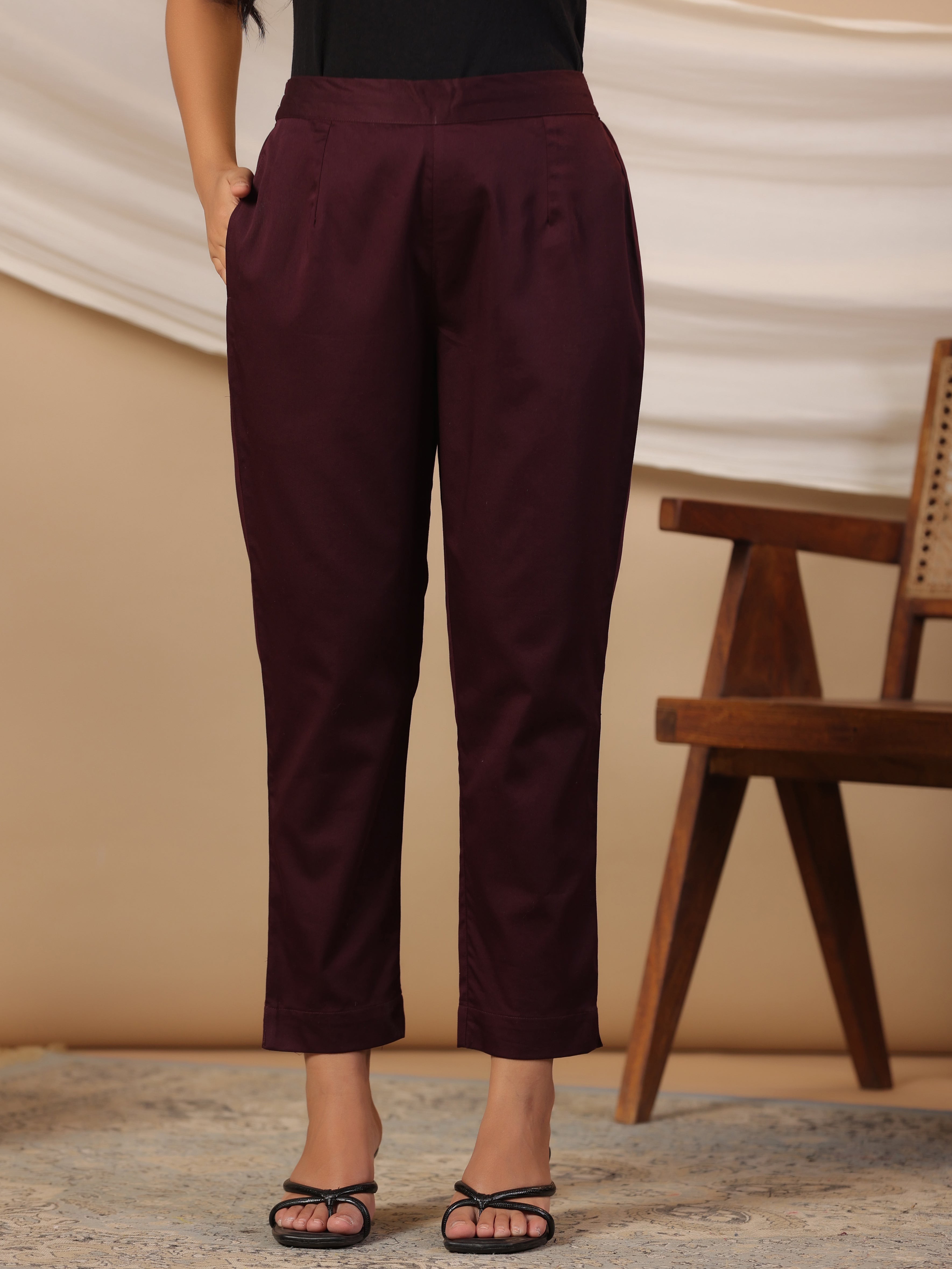 Juniper Plum Cotton Lycra Solid Slim Fit Pants with Partially Elasticated Waistband and a Side Pocket