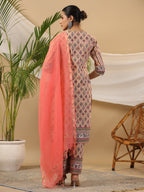 Juniper Women's Peach Ethnic Motif Printed Pure Cotton Kurta Palazzos & Kota Doria Dupatta With Beads & Sequins