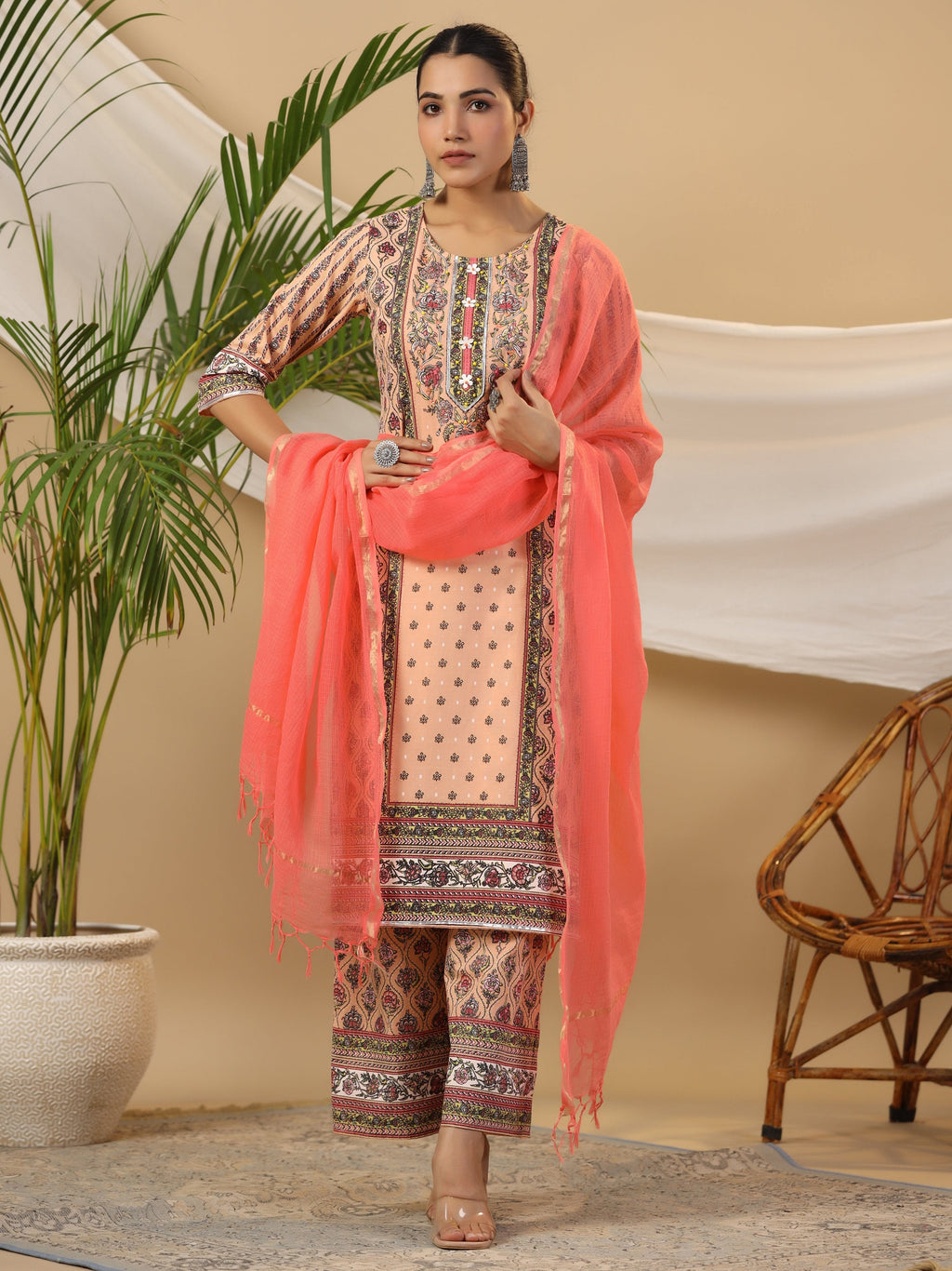 Juniper Women's Peach Ethnic Motif Printed Pure Cotton Kurta Palazzos & Kota Doria Dupatta With Beads & Sequins