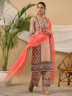 Juniper Women's Peach Ethnic Motif Printed Pure Cotton Kurta Palazzos & Kota Doria Dupatta With Beads & Sequins