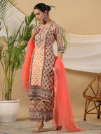 Juniper Women's Peach Ethnic Motif Printed Pure Cotton Kurta Palazzos & Kota Doria Dupatta With Beads & Sequins