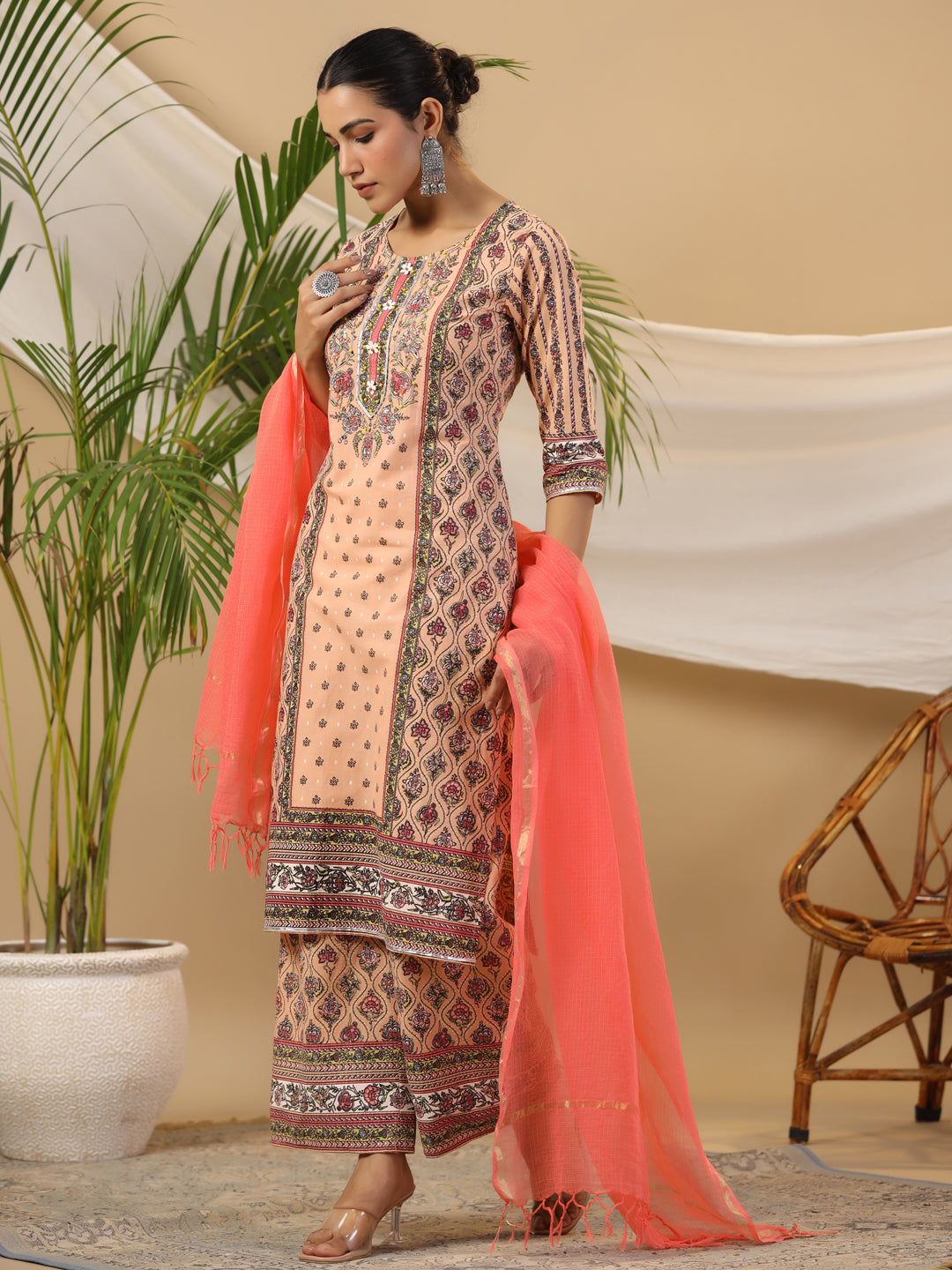 Juniper Women's Peach Ethnic Motif Printed Pure Cotton Kurta Palazzos & Kota Doria Dupatta With Beads & Sequins