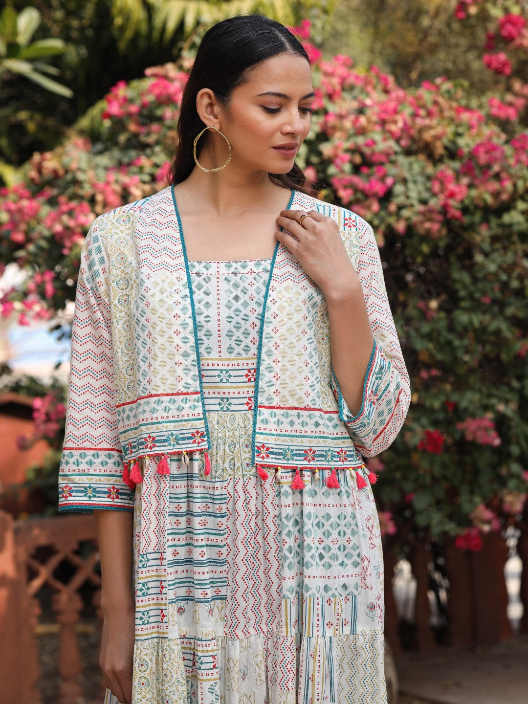 Juniper Women Ivory Cotton Cambric Printed Tiered Maxi Dress with Shrug - Distacart