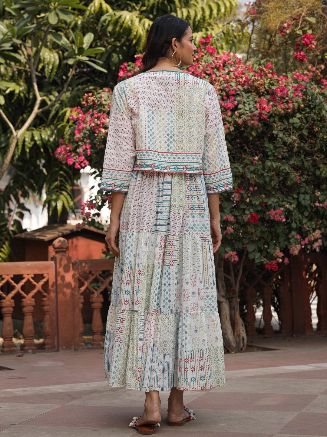 Juniper Women Ivory Cotton Cambric Printed Tiered Maxi Dress with Shrug - Distacart