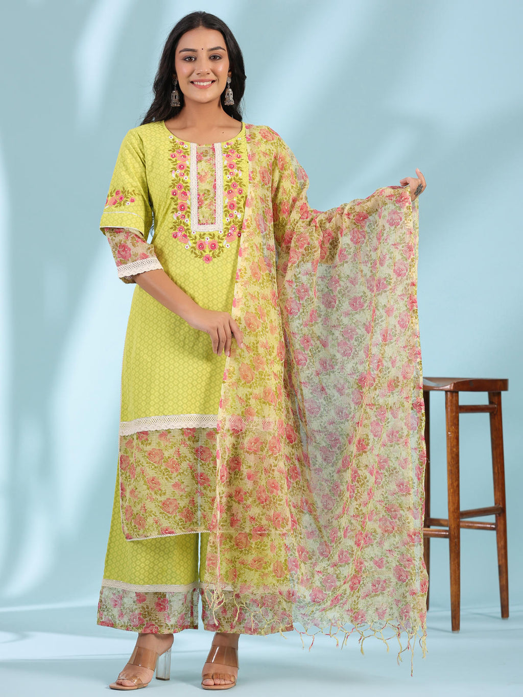 Juniper Women's The Madhubala Green Floral Print & Lacy Pure Cotton Kurta&Palazzo Set With Kota Doria Print Dupatta
