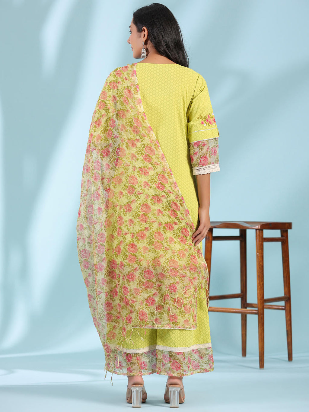 Juniper Women's The Madhubala Green Floral Print & Lacy Pure Cotton Kurta&Palazzo Set With Kota Doria Print Dupatta