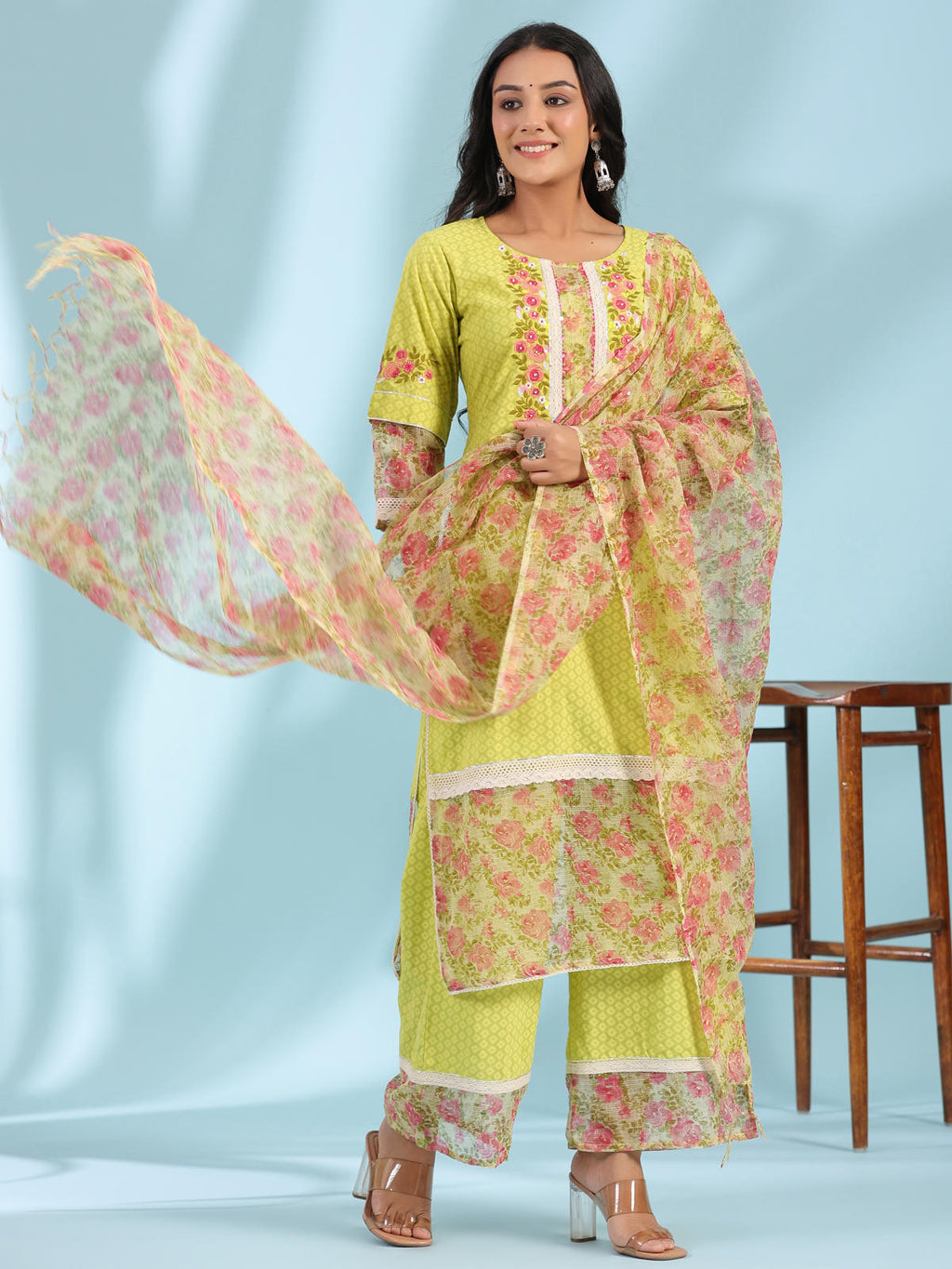 Juniper Women's The Madhubala Green Floral Print & Lacy Pure Cotton Kurta&Palazzo Set With Kota Doria Print Dupatta