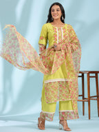 Juniper Women's The Madhubala Green Floral Print & Lacy Pure Cotton Kurta&Palazzo Set With Kota Doria Print Dupatta
