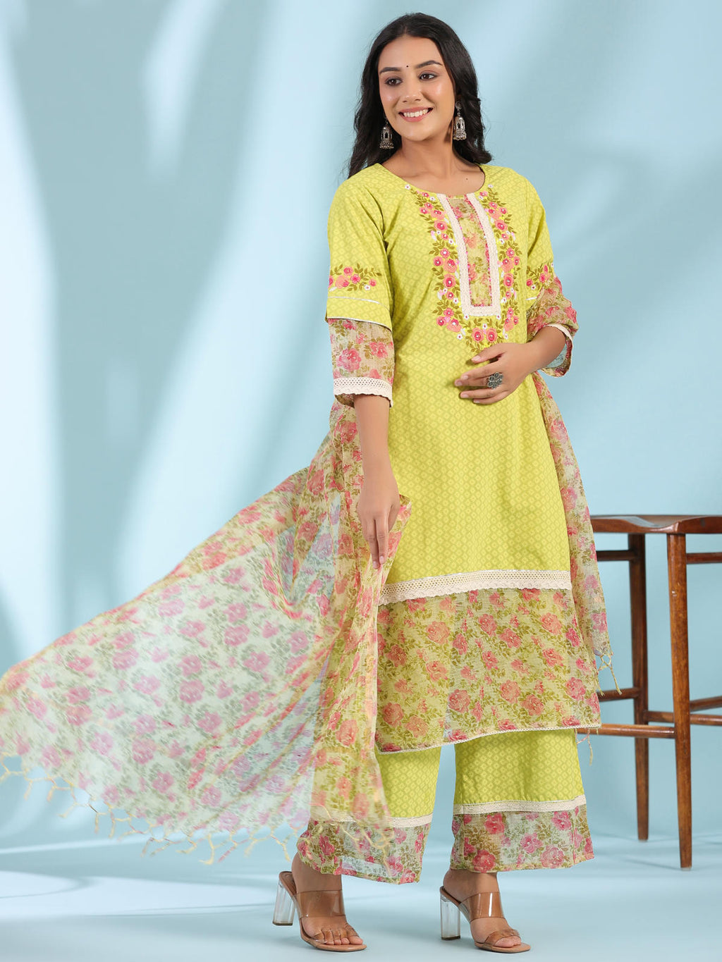 Juniper Women's The Madhubala Green Floral Print & Lacy Pure Cotton Kurta&Palazzo Set With Kota Doria Print Dupatta
