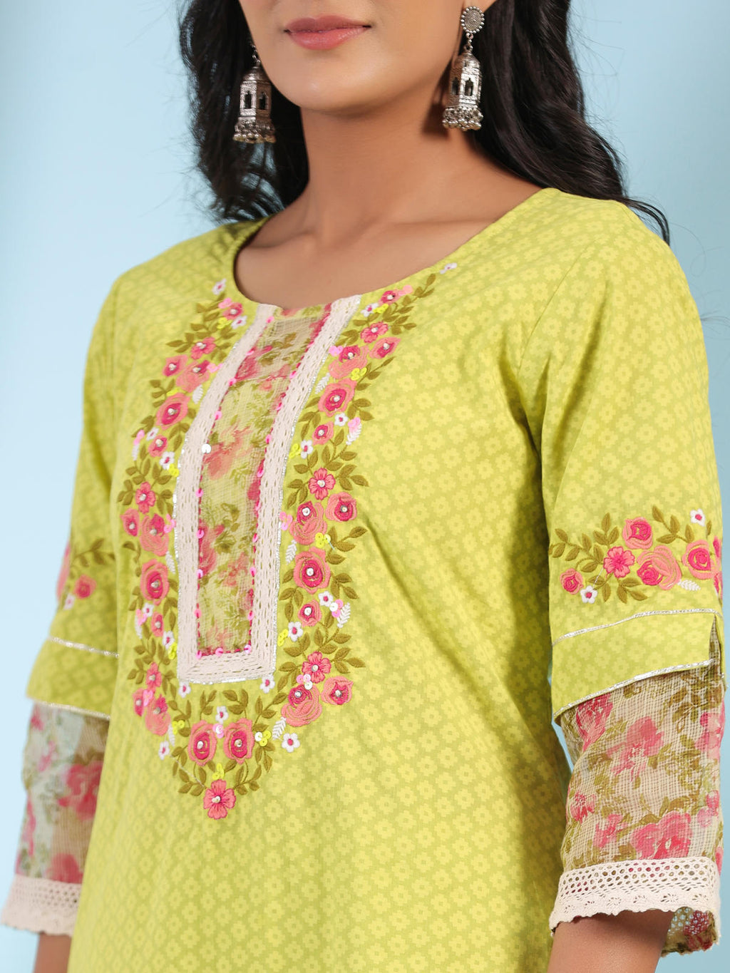 Juniper Women's The Madhubala Green Floral Print & Lacy Pure Cotton Kurta&Palazzo Set With Kota Doria Print Dupatta