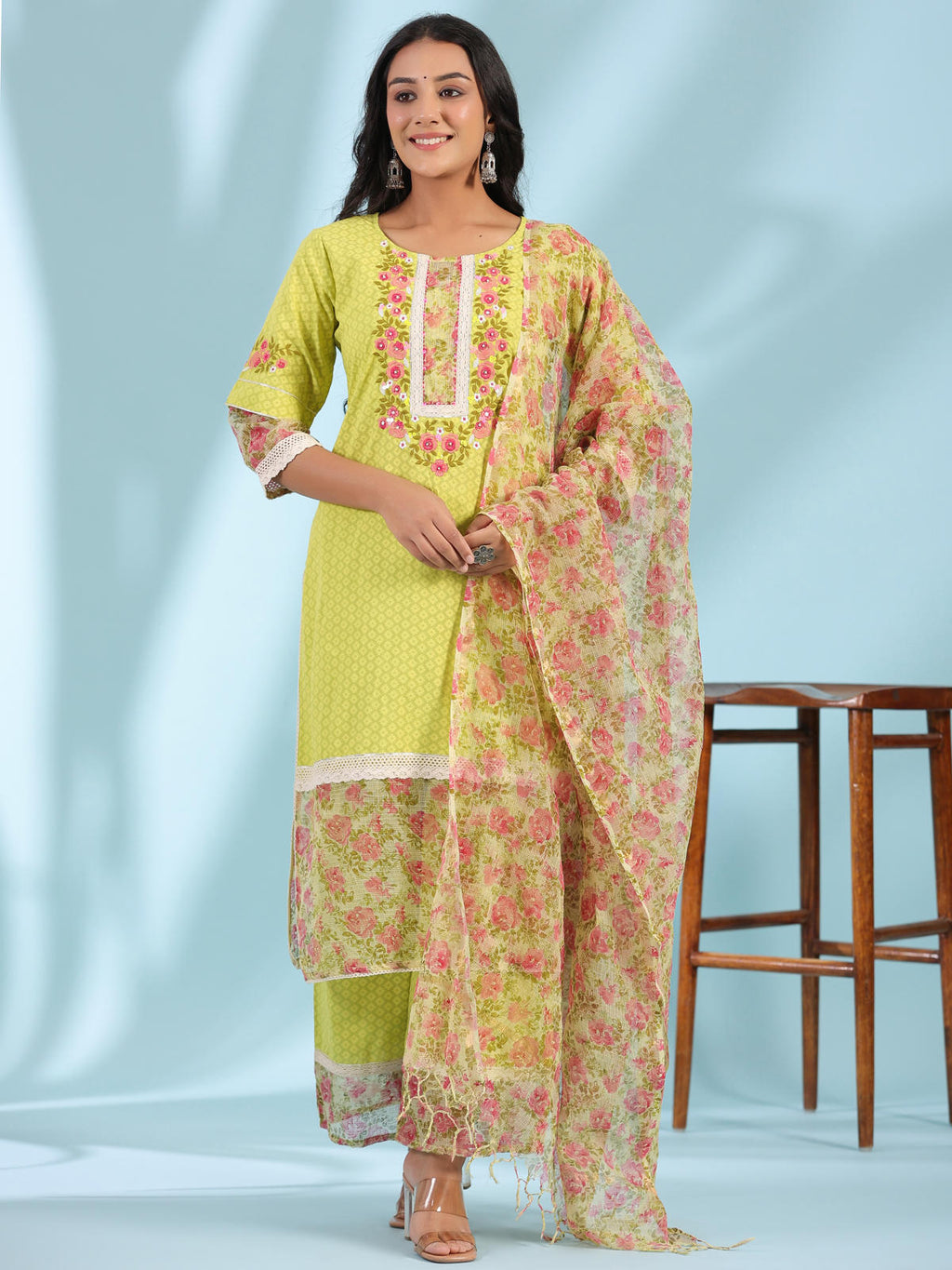 Juniper Women's The Madhubala Green Floral Print & Lacy Pure Cotton Kurta&Palazzo Set With Kota Doria Print Dupatta