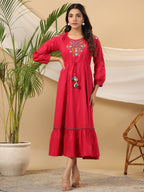 Juniper Fuchsia Floral Embroidered Cotton Dobby Tiered Maxi Dress With Kaudis & Colourful Tassels - Distacart