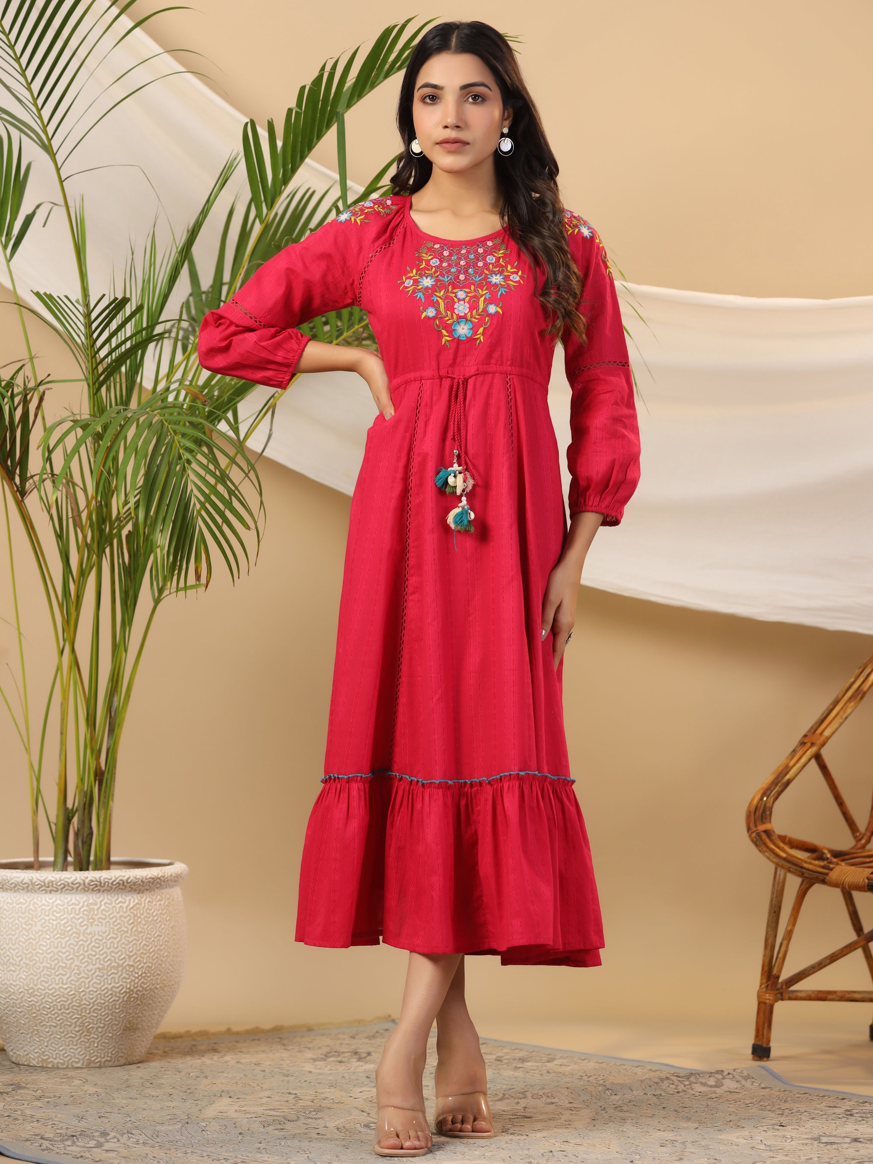 Juniper Fuchsia Floral Embroidered Cotton Dobby Tiered Maxi Dress With Kaudis & Colourful Tassels - Distacart