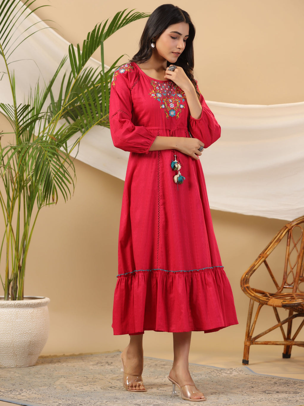 Juniper Fuchsia Floral Embroidered Cotton Dobby Tiered Maxi Dress With Kaudis & Colourful Tassels - Distacart
