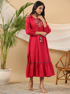 Juniper Fuchsia Floral Embroidered Cotton Dobby Tiered Maxi Dress With Kaudis & Colourful Tassels - Distacart