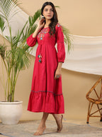 Juniper Fuchsia Floral Embroidered Cotton Dobby Tiered Maxi Dress With Kaudis & Colourful Tassels - Distacart
