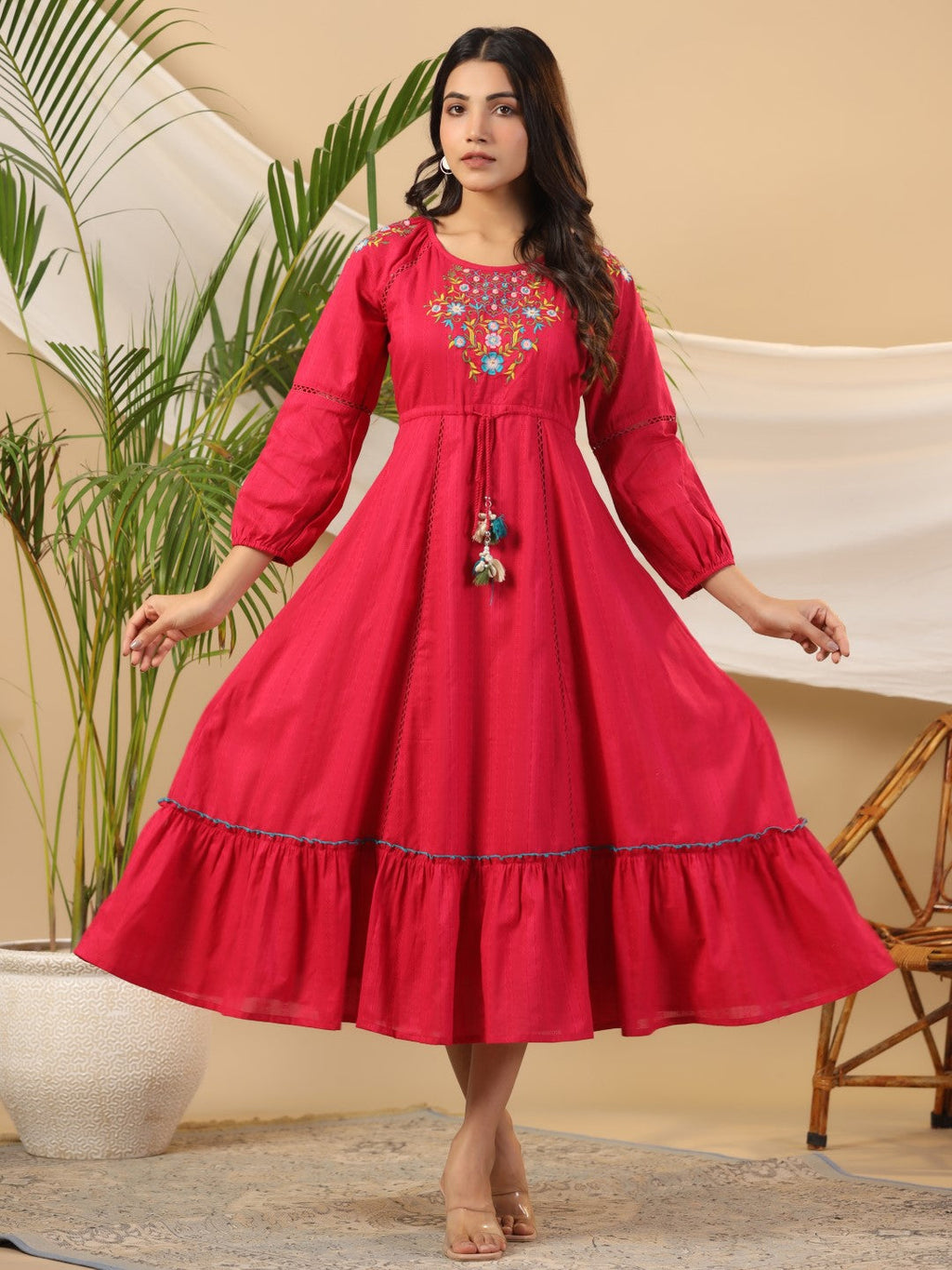 Juniper Fuchsia Floral Embroidered Cotton Dobby Tiered Maxi Dress With Kaudis & Colourful Tassels - Distacart