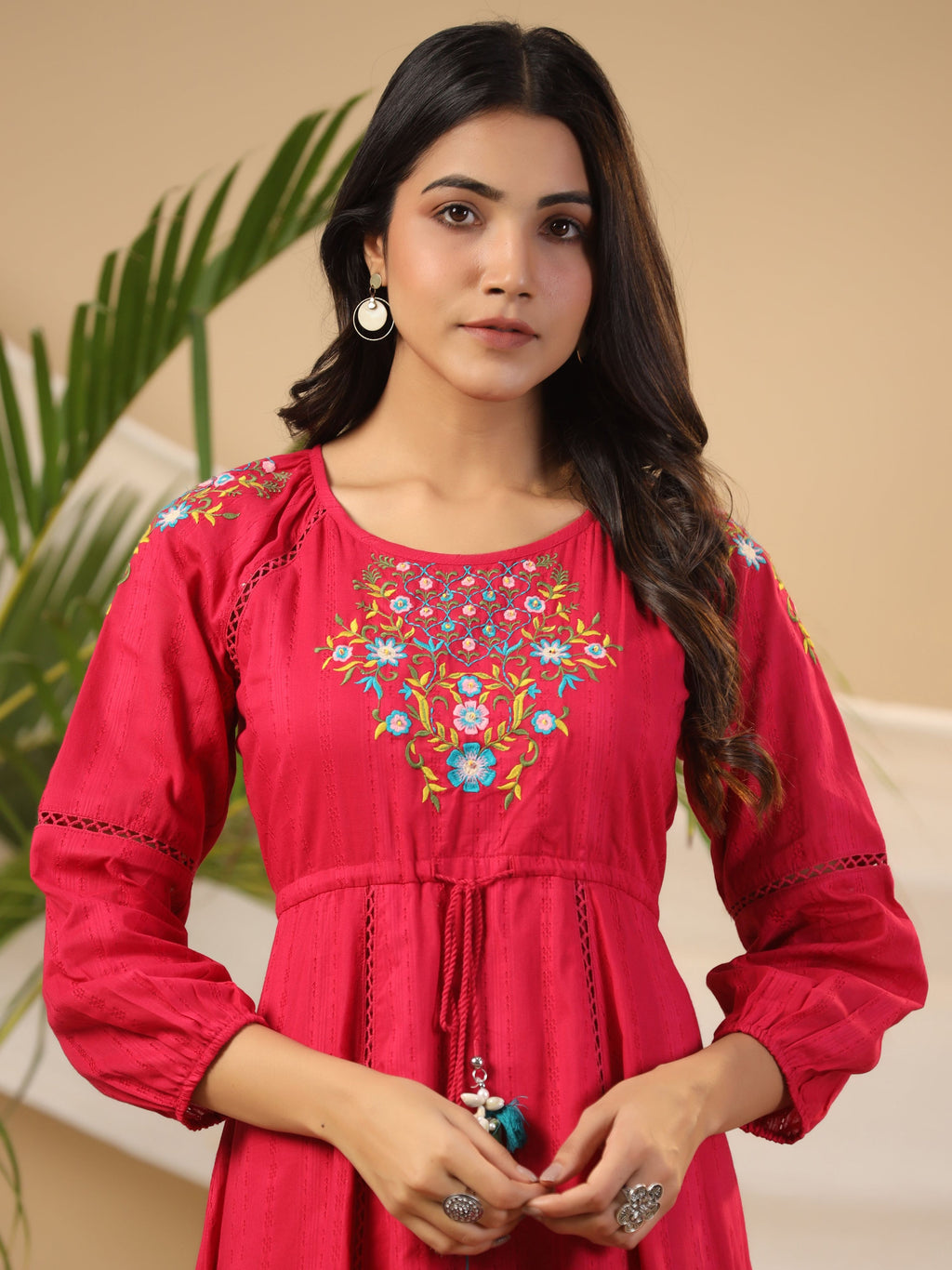 Juniper Fuchsia Floral Embroidered Cotton Dobby Tiered Maxi Dress With Kaudis & Colourful Tassels - Distacart