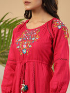 Juniper Fuchsia Floral Embroidered Cotton Dobby Tiered Maxi Dress With Kaudis & Colourful Tassels - Distacart