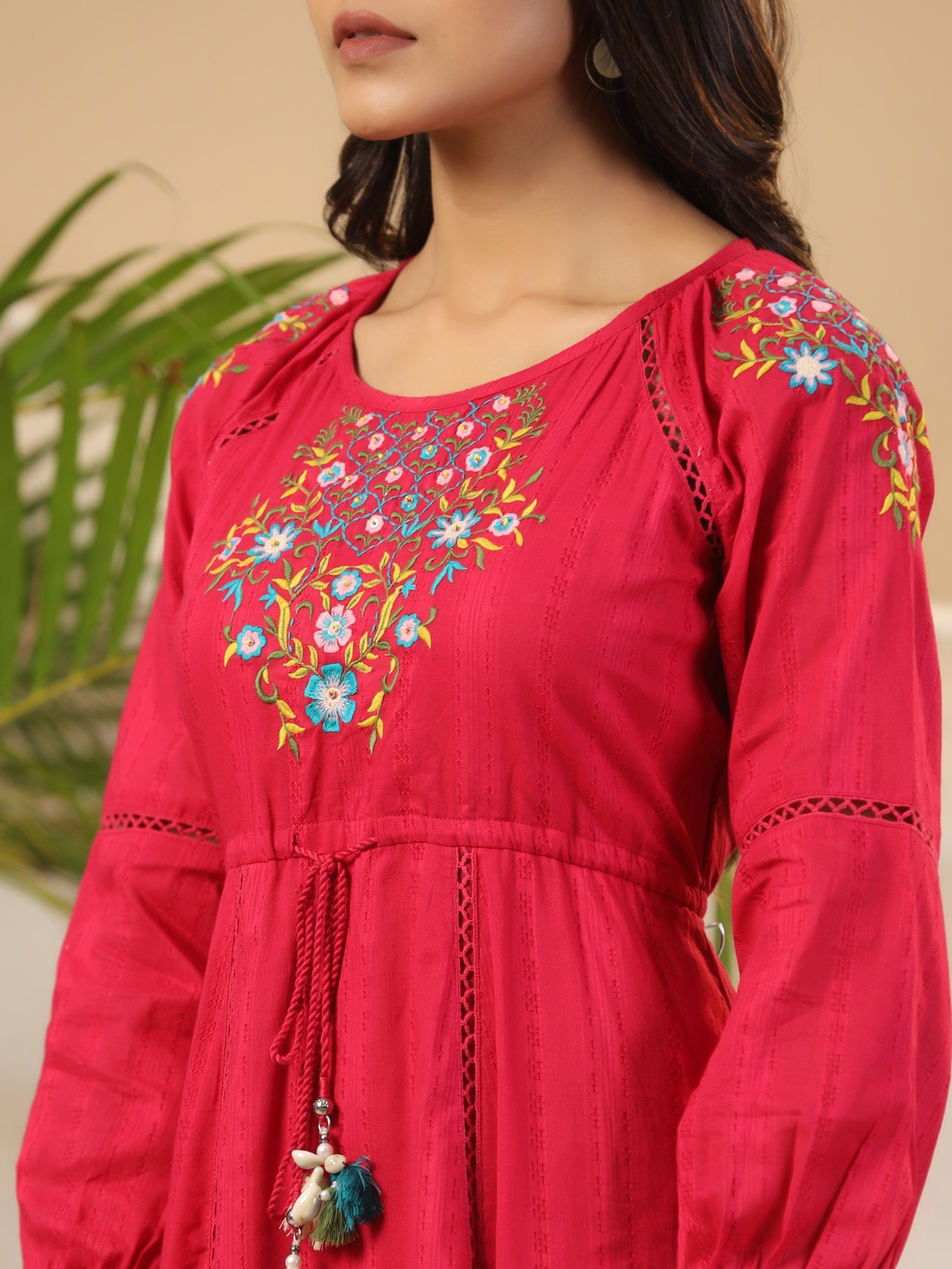 Juniper Fuchsia Floral Embroidered Cotton Dobby Tiered Maxi Dress With Kaudis & Colourful Tassels - Distacart