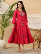 Juniper Fuchsia Floral Embroidered Cotton Dobby Tiered Maxi Dress With Kaudis & Colourful Tassels - Distacart
