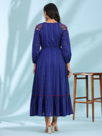 Juniper Women's Indigo Floral Embroidered Cotton Dobby Tiered Maxi Dress With Kaudis & Colourful Tassels - Distacart