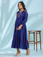Juniper Women's Indigo Floral Embroidered Cotton Dobby Tiered Maxi Dress With Kaudis & Colourful Tassels - Distacart
