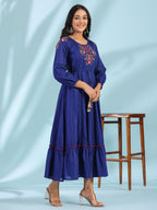 Juniper Women's Indigo Floral Embroidered Cotton Dobby Tiered Maxi Dress With Kaudis & Colourful Tassels - Distacart