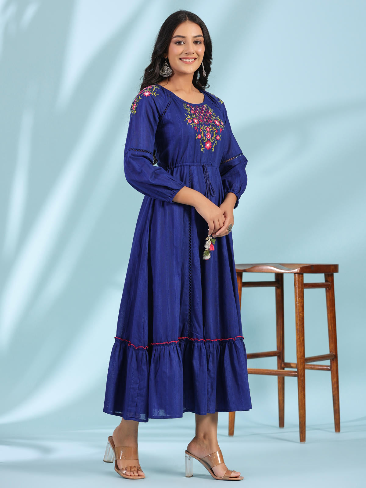 Juniper Women's Indigo Floral Embroidered Cotton Dobby Tiered Maxi Dress With Kaudis & Colourful Tassels - Distacart