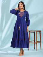 Juniper Women's Indigo Floral Embroidered Cotton Dobby Tiered Maxi Dress With Kaudis & Colourful Tassels - Distacart