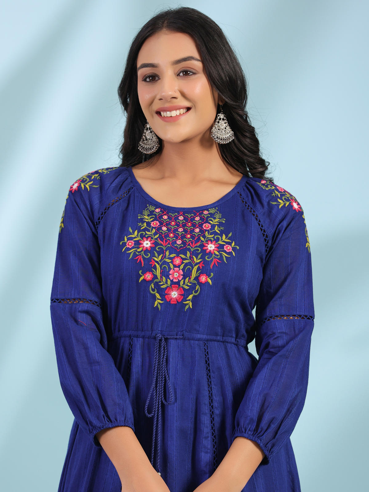 Juniper Women's Indigo Floral Embroidered Cotton Dobby Tiered Maxi Dress With Kaudis & Colourful Tassels - Distacart