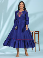 Juniper Women's Indigo Floral Embroidered Cotton Dobby Tiered Maxi Dress With Kaudis & Colourful Tassels - Distacart