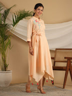 Juniper Peach Fit & Flare Belted Asymmetrical Maxi Dress With Floral Thread Embroidery - Distacart